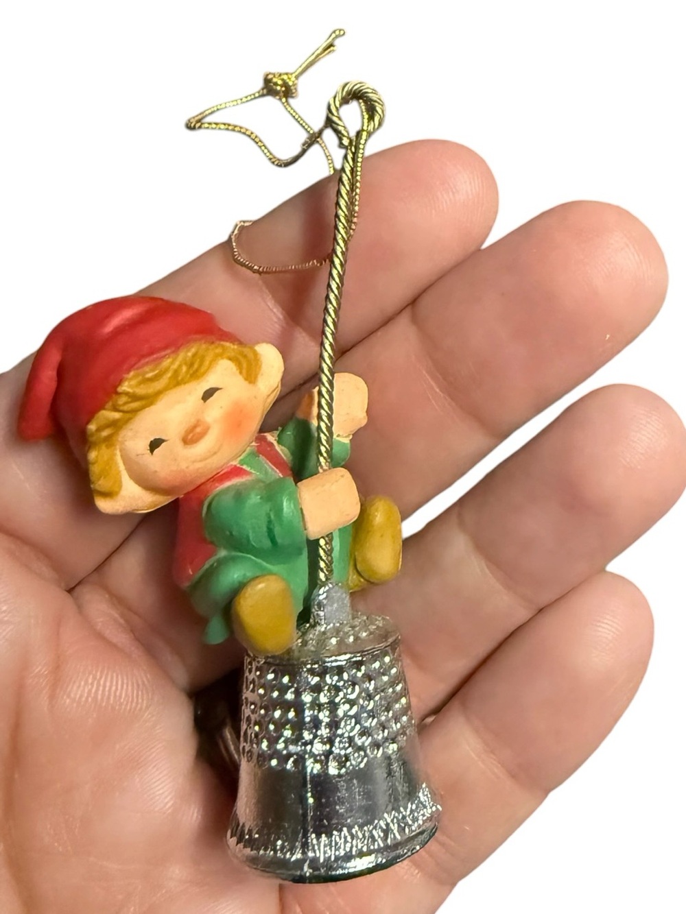Vintage Christmas Elf Pixie on Thimble Bell Ornament Red Green Gold Cord Decor